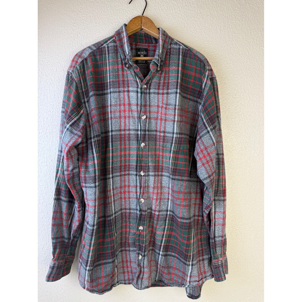 Redhead Mens Flannel Shirt Large Tall LT Plaid Red Green Grey Cotton Button Down